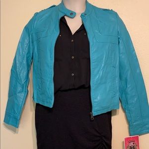 Turquoise, Vegan Leather, Cropped Bomber Jacket